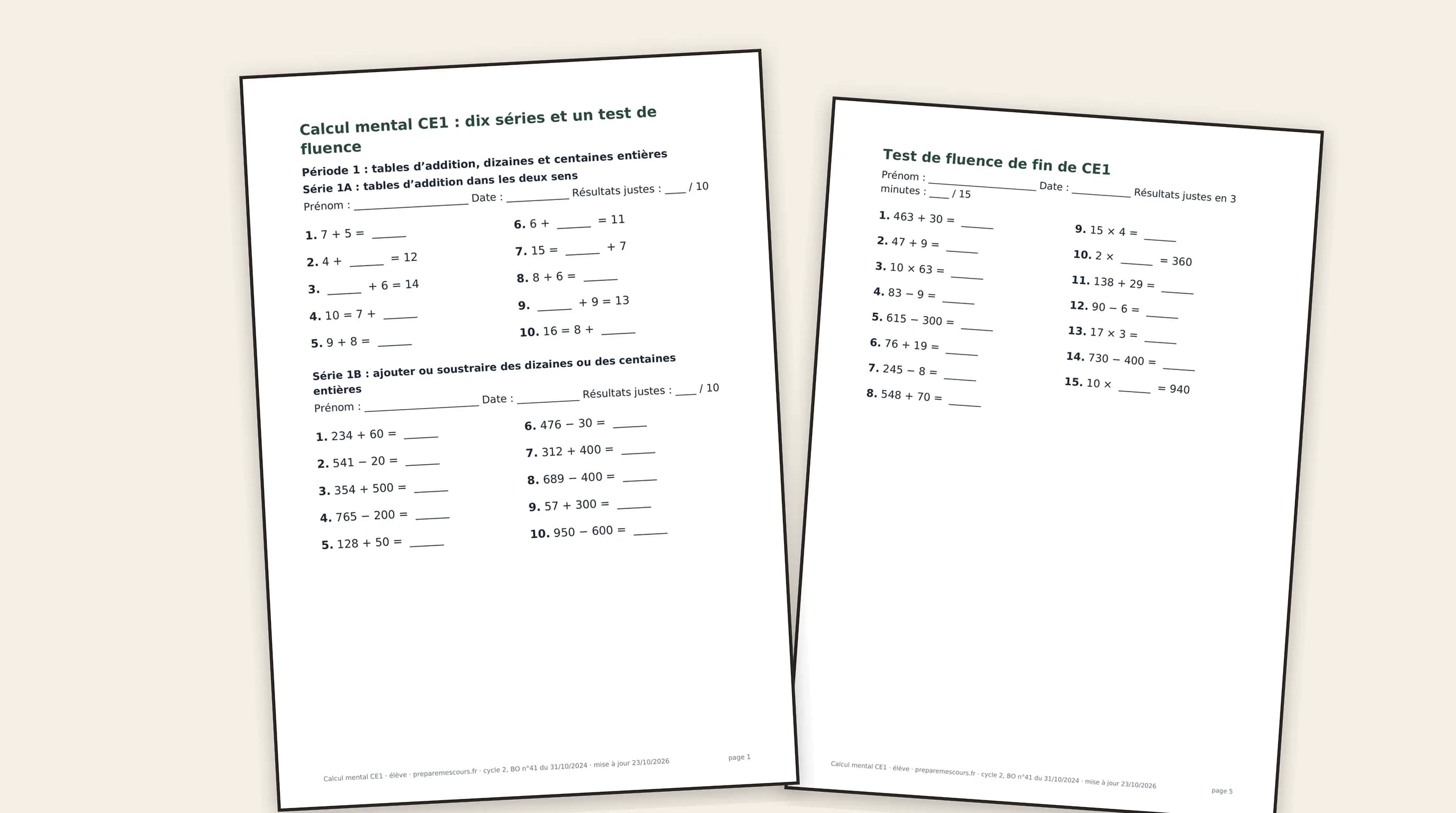 Calcul mental CE1 : 10 séries à imprimer et un test de fluence corrigés