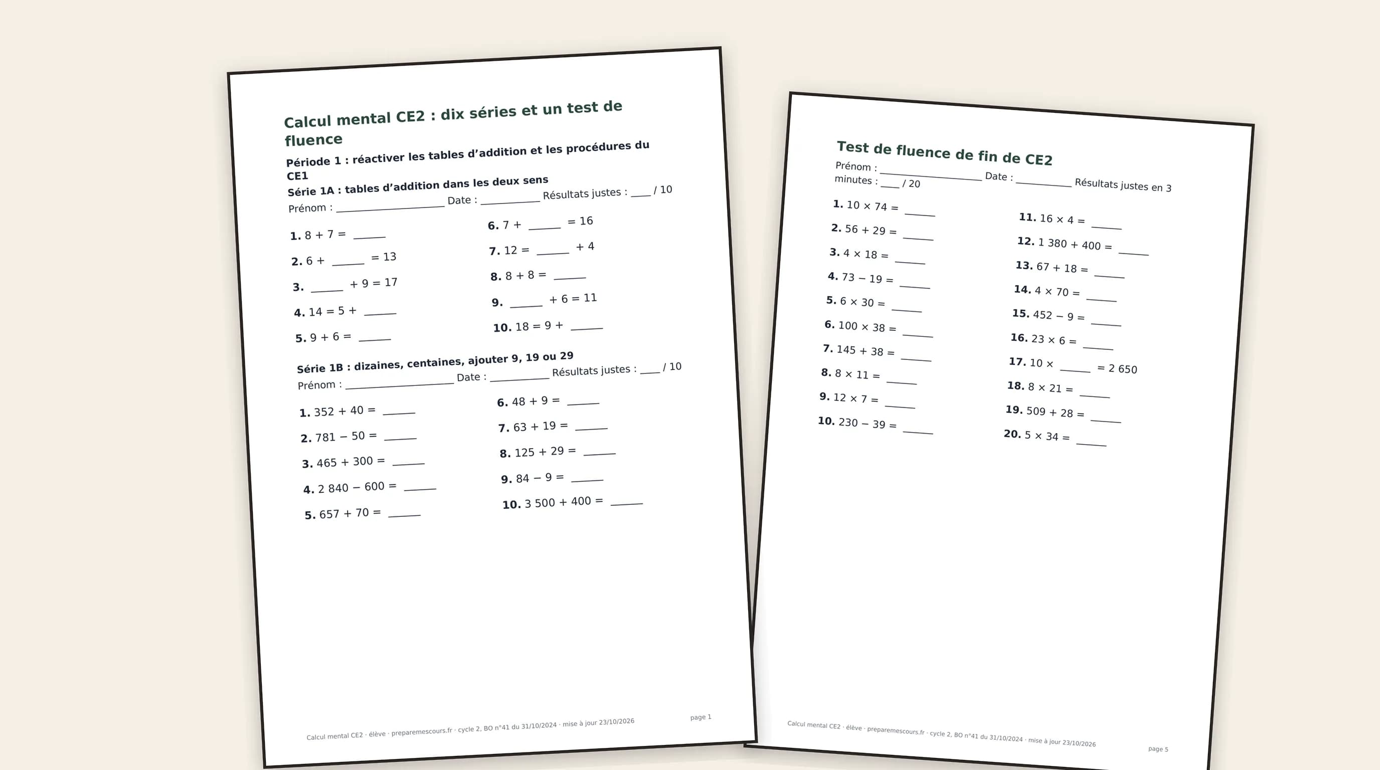 Calcul mental CE2 : 10 séries à imprimer et un test de fluence corrigés