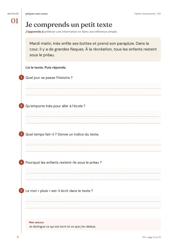 Aperçu de la première fiche d’autonomie CE1 : consigne, texte et questions