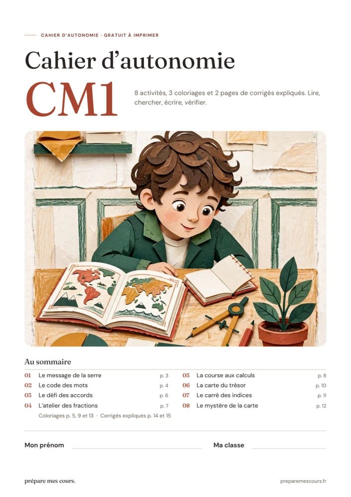 Couverture illustrée du cahier d’autonomie CM1