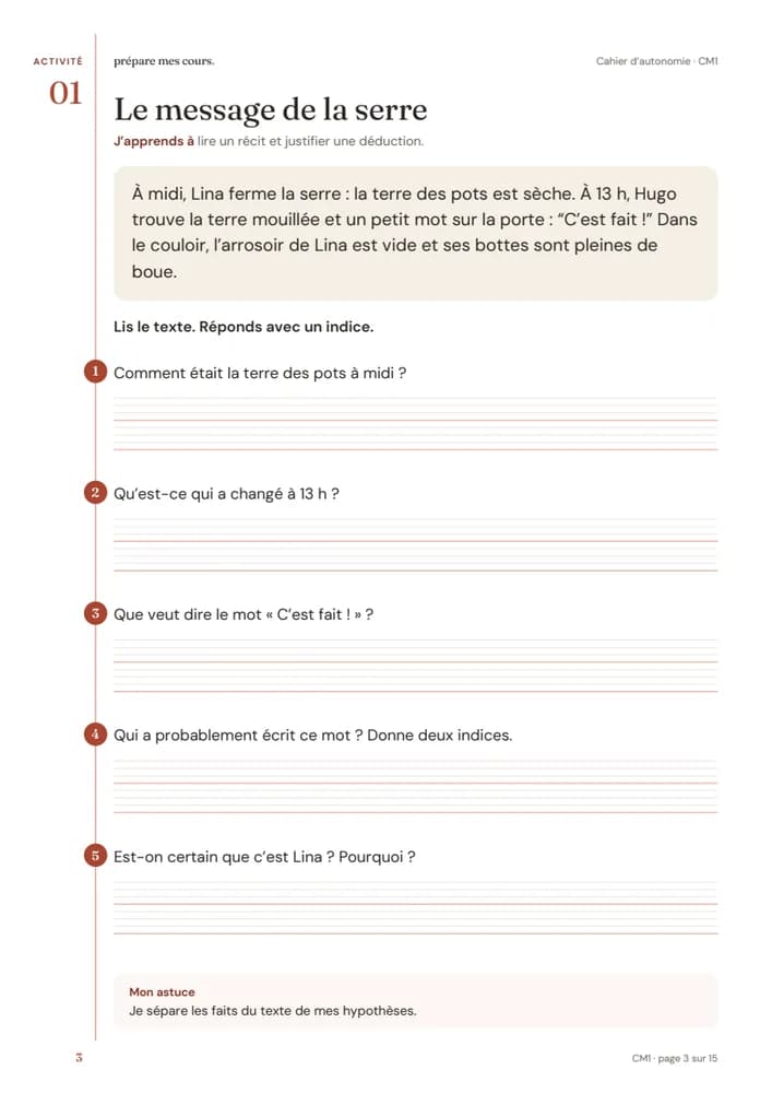 Aperçu de la première fiche d’autonomie CM1 : consigne, texte et questions
