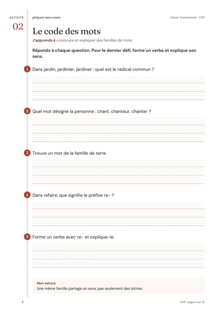 Aperçu de la deuxième fiche d’autonomie CM1