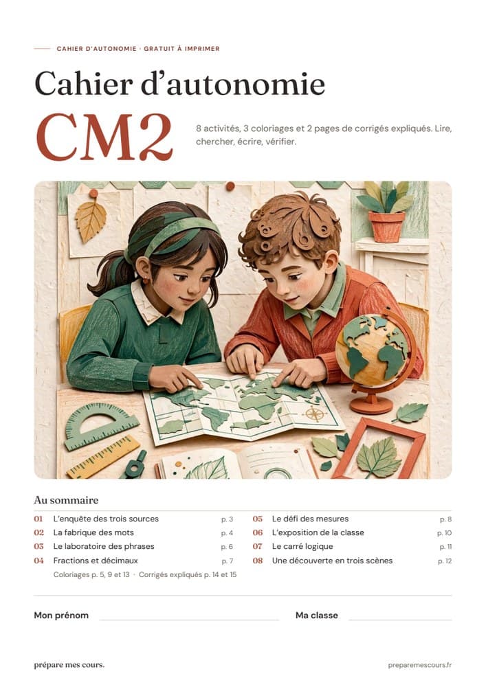 Couverture illustrée du cahier d’autonomie CM2