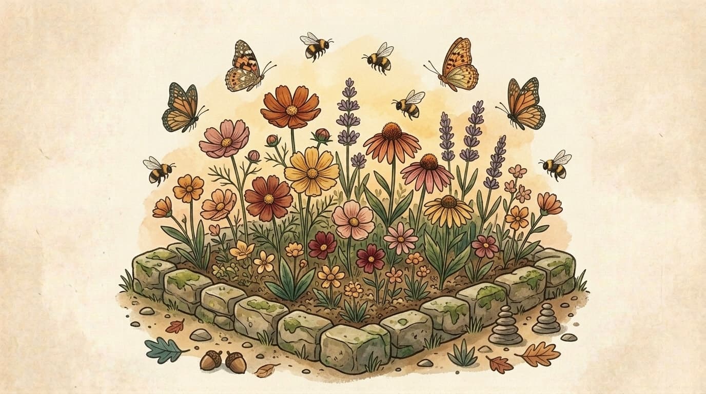 Illustration jardin fleuri, article « Comment faire un cahier journal efficace (modèle + IA) »