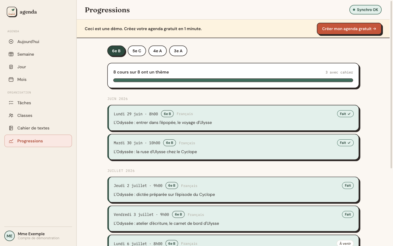 Vue des progressions : les cours d'une classe suivis dans le temps, avec ceux déjà faits et ceux à venir