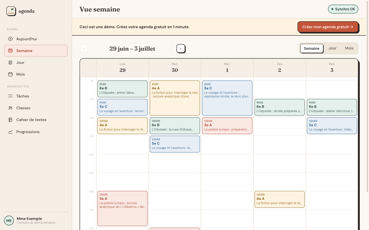 Vue semaine de l'agenda enseignant en ligne : les créneaux de la semaine avec une séance par classe, en couleur par niveau