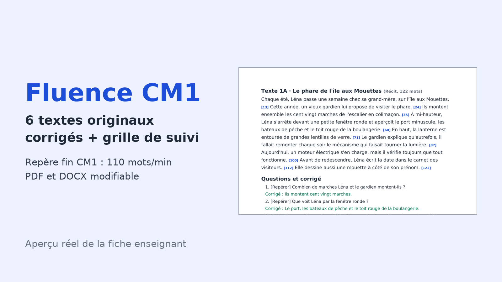 Aperçu de la fiche enseignant fluence CM1 : texte 1A avec le nombre de mots cumulé à la fin de chaque phrase, questions et corrigé