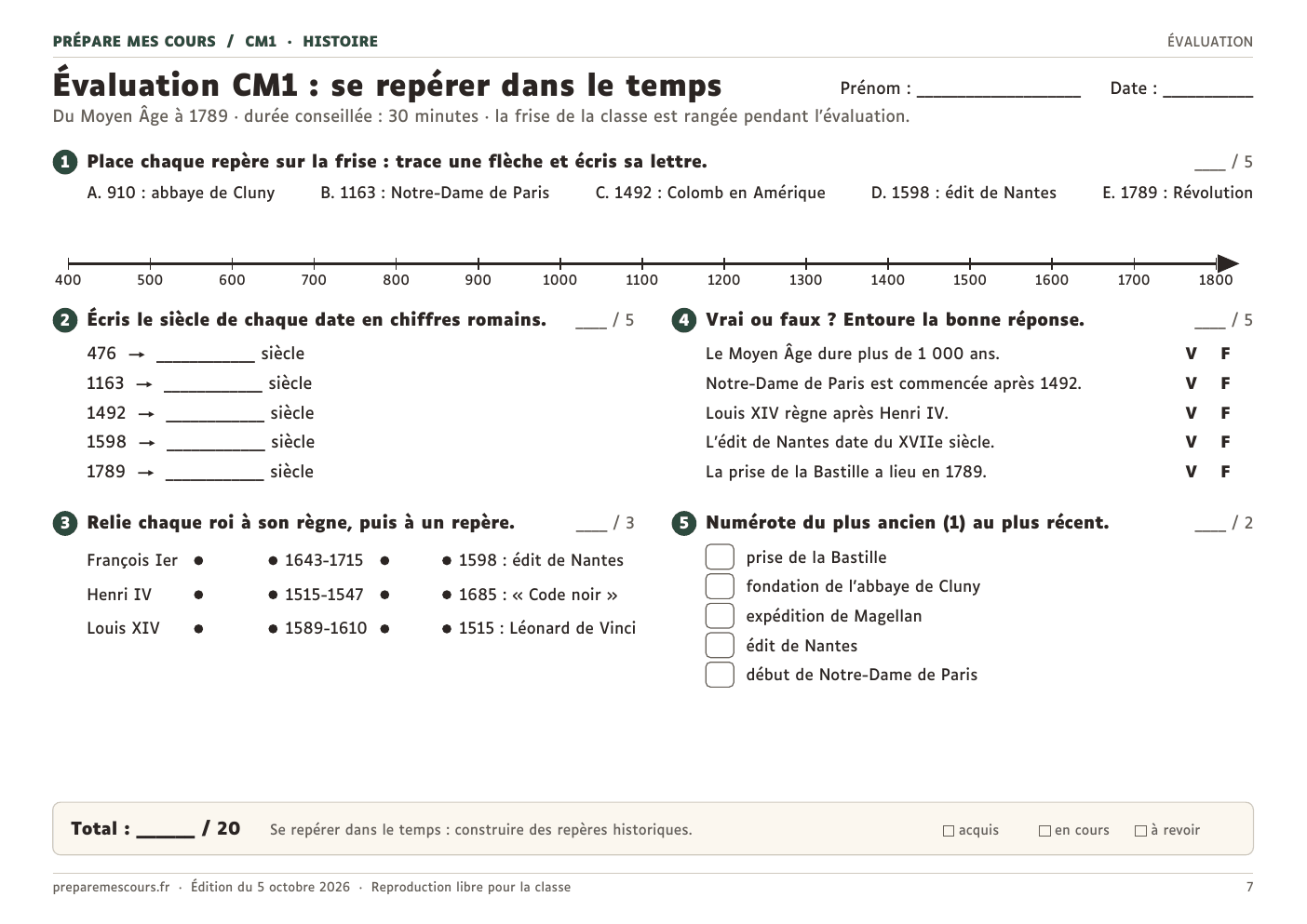 Évaluation CM1 sur la frise chronologique : placer des repères, écrire les siècles, relier les rois à leur règne, vrai ou faux et ordre chronologique