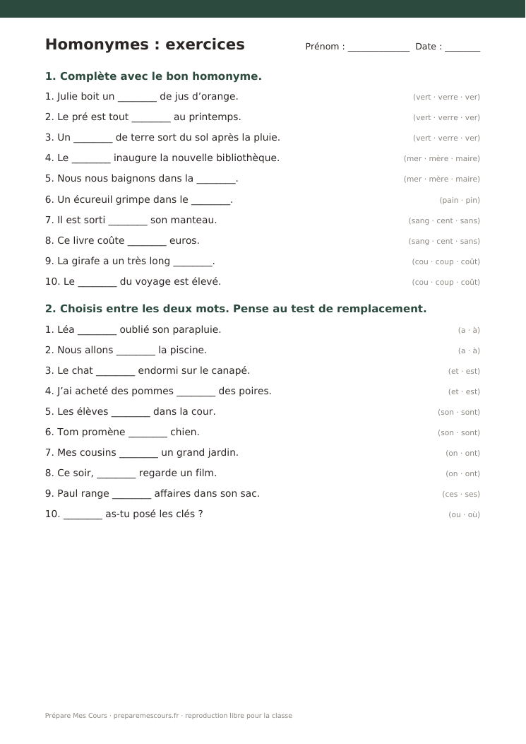 Aperçu de la page d'exercices sur les homonymes : phrases à compléter avec les choix proposés à droite