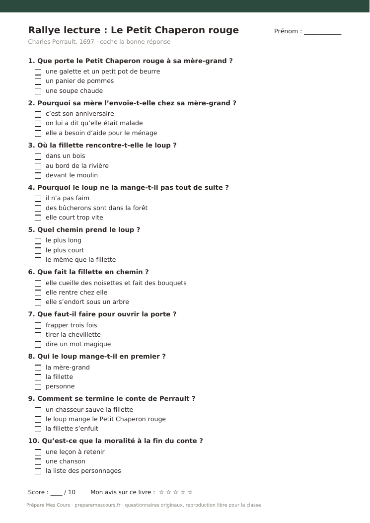 Aperçu du questionnaire de rallye lecture sur Le Petit Chaperon rouge : dix questions à choix multiples