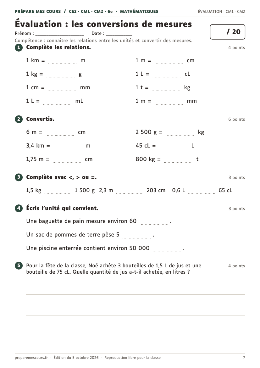 Évaluation sur les conversions de mesures au CM1 et au CM2, notée sur 20 : relations, conversions, comparaisons, unité adaptée et problème